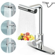 GPED Kitchen Faucets with Pull Down Sprayer, Waterfall Kitchen Sink Faucet w/ 3-Modes Sprayer, SUS304 Stainless Steel, 360  Rotatable Single Handle Faucet w/ Deck Plate &Water pipes for Laundry,Rv