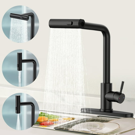 GPED Kitchen Faucets, Waterfall Kitchen Sink Faucet with Pull Down Sprayer, 3-Mode Sprayer&SUS304 Stainless Steel, 360° Rotatable Single Handle Faucet w/ Deck Plate&Water Pipes for Bar/Laundry/RV