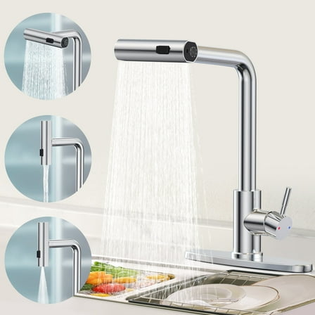 GPED Kitchen Faucets, Waterfall Kitchen Sink Faucet with Pull Down Sprayer, 3-Mode Sprayer&SUS304 Stainless Steel, 360° Rotatable Single Handle Faucet w/ Deck Plate&Water Pipes for Bar/Laundry/RV