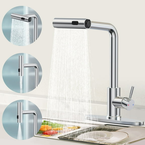 GPED Kitchen Faucets, Waterfall Kitchen Sink Faucet with Pull Down Sprayer, 3-Mode Sprayer&SUS304 Stainless Steel, 360° Rotatable Single Handle Faucet w/ Deck Plate&Water Pipes for Bar/Laundry/RV