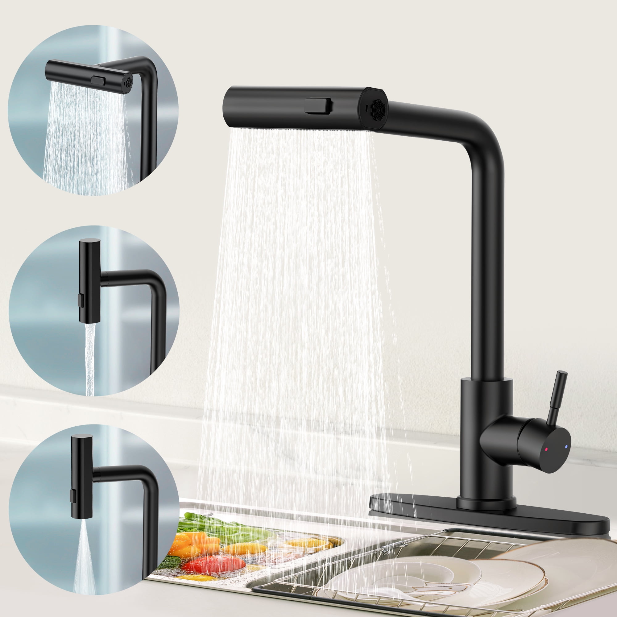 GPED Kitchen Faucets, Waterfall Kitchen Sink Faucet with Pull Down Sprayer, 3-Mode Sprayer&SUS304 Stainless Steel, 360 Rotatable Single Handle Faucet w/ Deck Plate&Water Pipes for Bar/Laundry/RV
