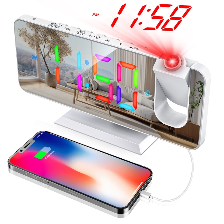 Bedroom Projection Alarm Clock with 180°Projector, USB Charger