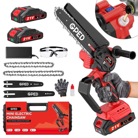 GPED Mini Chainsaw Cordless, 8-Inch & 6-Inch Brushless Electric Chainsaw with 2 Batteries, Portable Handheld Chain Saw Battery Powered for Tree Trimming, Wood Cutting, Branch Pruning & Garden, Red
