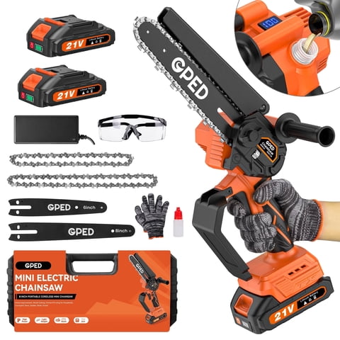 GPED Mini Chainsaw Cordless, 8-Inch & 6-Inch Brushless Electric Chainsaw with 2 Batteries, Portable Handheld Chain Saw Battery Powered for Tree Trimming, Wood Cutting, Branch Pruning & Garden, Orange