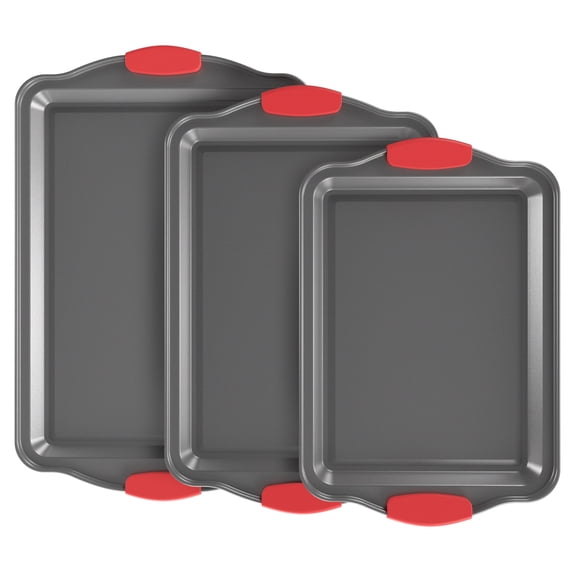 GPED Nonstick Baking Sheet Set, 3-Piece Cookie Sheet Set with Silicone Handles, Carbon Steel Baking Pan, Durable Baking Sheets for for Cakes and Cookies, BPA Free, Oven Safe (450F), Dark Gray