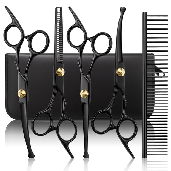 GPED Professional Dog Grooming Scissors Kit, 6 in 1 Dog Grooming Scissors with Safety Round Tips, Heavy-duty & 4CR Stainless Steel, Sharp & Study Cat Grooming Shears Kit for Dogs Cats(Black)