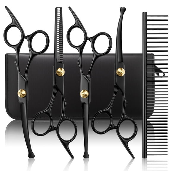 GPED Professional Dog Grooming Scissors Kit, 6 in 1 Dog Grooming Scissors with Safety Round Tips, Heavy-duty & 4CR Stainless Steel, Sharp & Study Cat Grooming Shears Kit for Dogs Cats(Black)