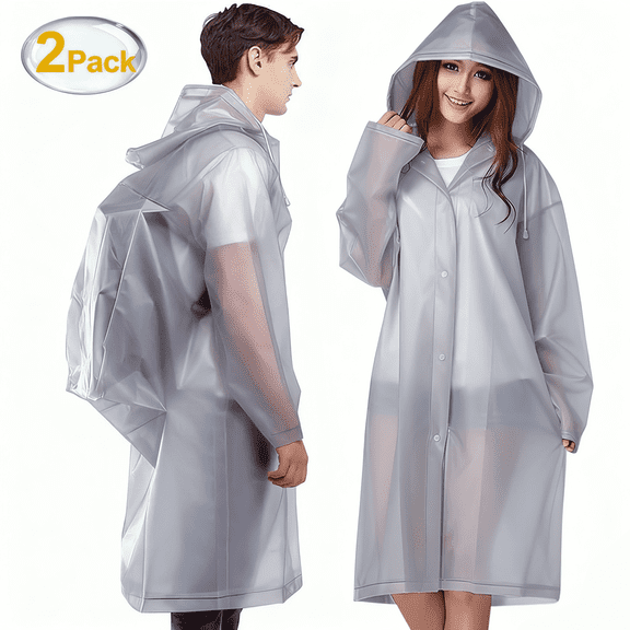 GPED Reusable EVA Rain Ponchos for Adults, 2 Pcs Raincoats with Adjustable Hood and Drawstring, Emergency Waterproof Unisex for Women and Men, Gray