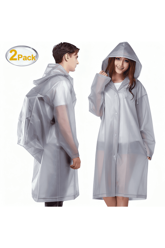 Reusable EVA Rain Ponchos for Adults, 2 Pcs Raincoats with Adjustable Hood and Drawstring, Emergency Waterproof Unisex for Women and Men, Gray