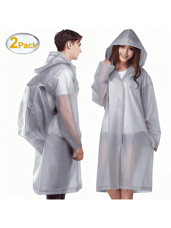 Reusable EVA Rain Ponchos for Adults, 2 Pcs Raincoats with Adjustable Hood and Drawstring, Emergency Waterproof Unisex for Women and Men, Gray