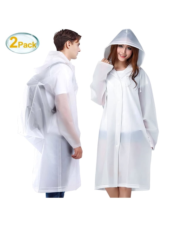Reusable EVA Rain Ponchos for Adults, 2 Pcs Raincoats with Adjustable Hood and Drawstring, Emergency Waterproof Unisex for Women and Men, White