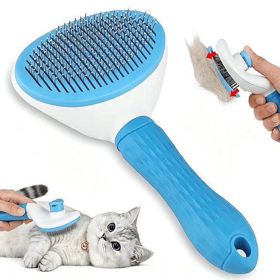 GPED Self Cleaning Slicker Brush, Dog Cat Bunny Brush, Deshedding Tool for Long or Short Hair Pets, Gentle Massage Grooming Comb, Blue