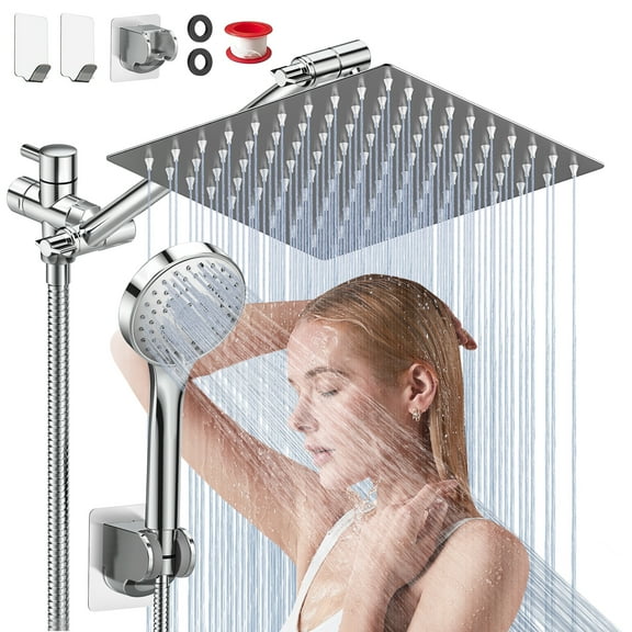 GPED Shower Head, 10” High Pressure Rainfall/Handheld Shower Combo with 11” Extension Arm(Adjustable Height/Angle), Handheld Shower Head with 5 Modes & Holder, Anti-leak 60" Hose, Chrome