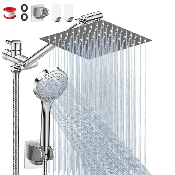 GPED Shower Head, 8” High Pressure Rainfall/Handheld Shower Combo with 11” Extension Arm(Adjustable Height/Angle), Handheld Shower Head with 5 Modes & Holder, Anti-leak 60" Hose, Chrome