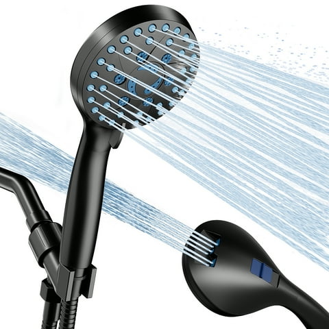 GPED Shower Head, High Pressure 7-mode Handheld Shower Head, Built-in Pause Mode & 2 Power Wash to Clean Tub,Tile & Pets, High Flow Shower Head w/ Wall & Overhead Brackets & 59" Stainless Steel Hose