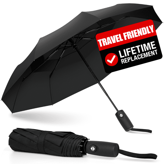 GPED Black windproof travel umbrella for rain and sun, compact auto folding, lightweight for women and men