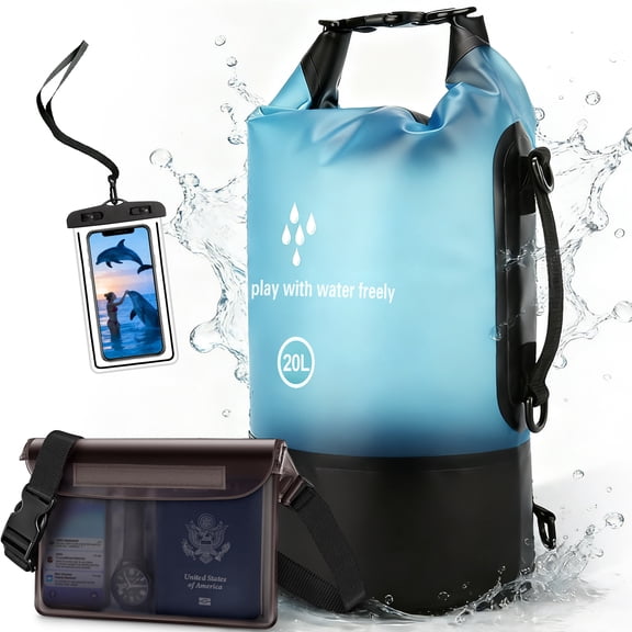 GPED Waterproof Dry Bag(20L), Double Shoulder Straps Dry Bags Waterproof with Phone Case and Waterproof Pouch, Storage Bag Backpack W/ Roll Top for Swimming Boating Kayaking Board Beach Essential