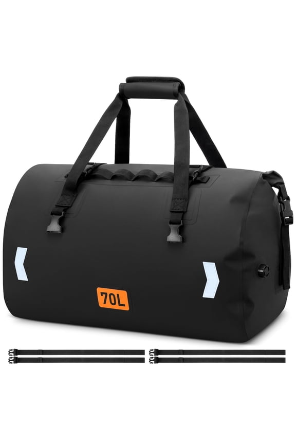Waterproof Duffel Bag, 70L Roll-top Motorcycle Dry Bag with Air Valve & Quick-fixed Straps, Travel Duffle Bags for Kayaking Paddle Boarding Rafting Boating Camping Riding Fishing