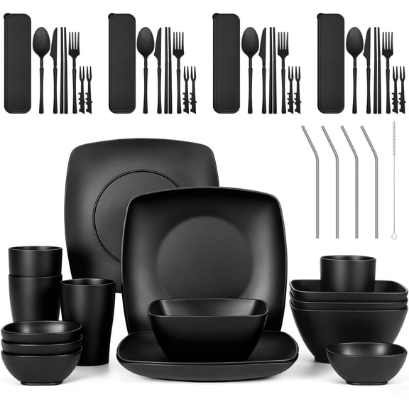 GPED Wheat Straw Dinnerware Set for 4, 49--Piece Plates and Bowls Sets, Unbreakable Lightweight Picnic Tableware Set, Travel Camping Cutlery Set, Dishwasher & Microwave Safe, Black