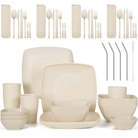GPED Wheat Straw Dinnerware Set for 4, 49-Piece Plates and Bowls Sets, Unbreakable Lightweight Picnic Tableware Set, Travel Camping Cutlery Set, Dishwasher & Microwave Safe, Beige