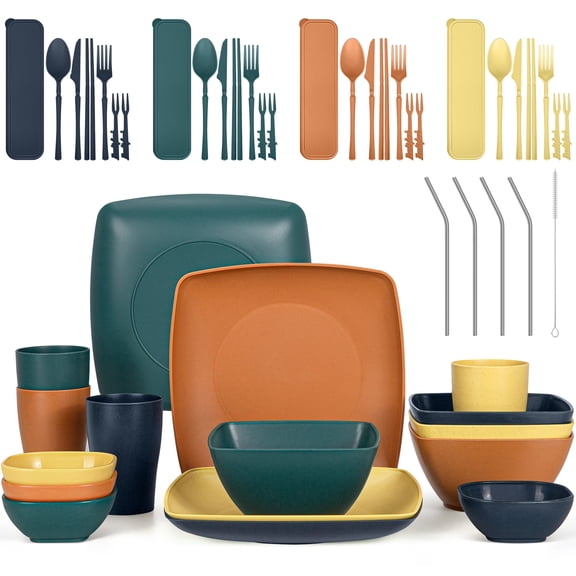 GPED Wheat Straw Dinnerware Set for 4, 49--Piece Plates and Bowls Sets, Unbreakable Lightweight Picnic Tableware Set, Travel Camping Cutlery Set, Dishwasher & Microwave Safe, Mediterranean Palette