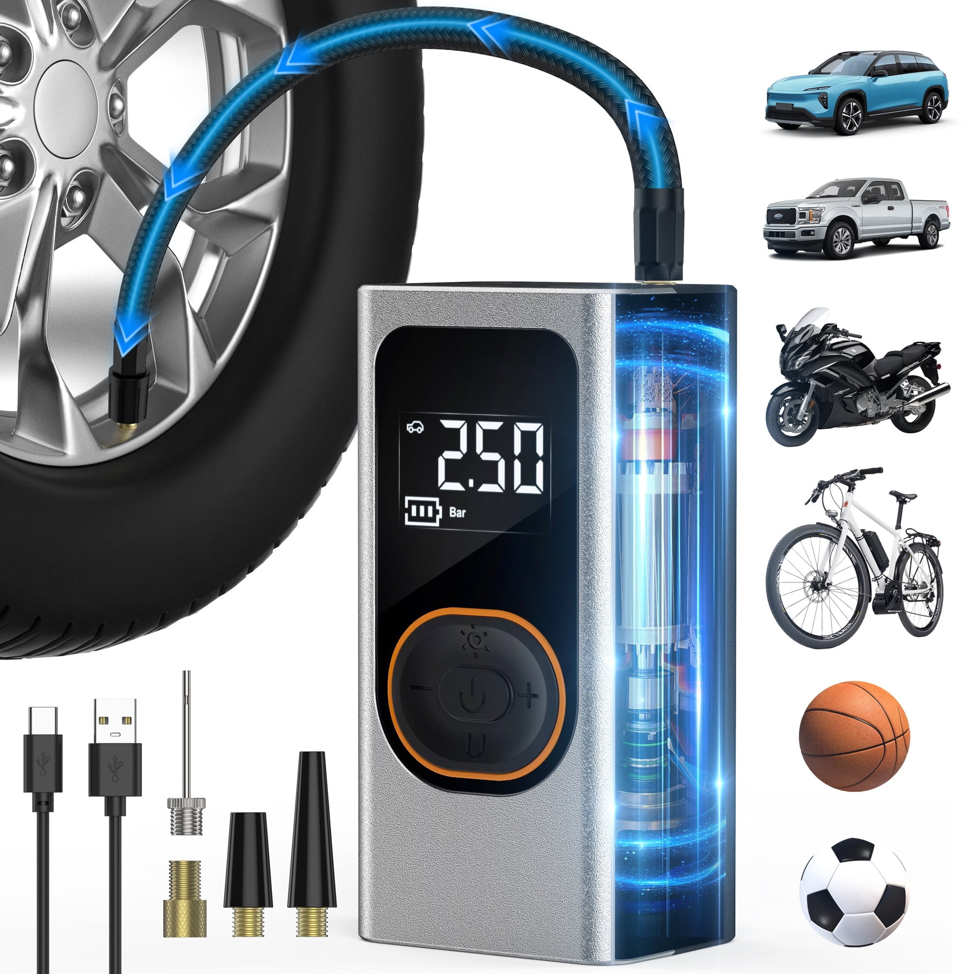 GPEESTRAC Cordless Tire Inflator Portable Air Compressor, Dual Mode Inflation, Auto Air Pump for Car Tires, Motorcycle, Bikes, Smart Electric Pump with LED Light & Digital Pressure Gauge