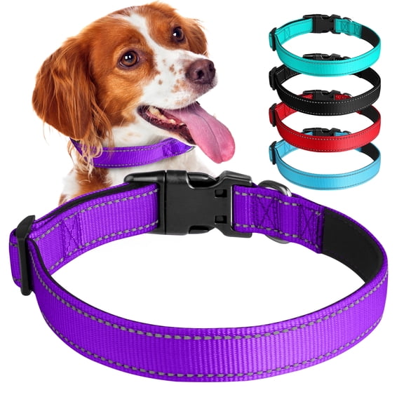Mpiqi Reflective Polyester Adjustable Dog Collar, Purple, Large , Soft Breathable Dog Collar for Large Dogs with Buckle