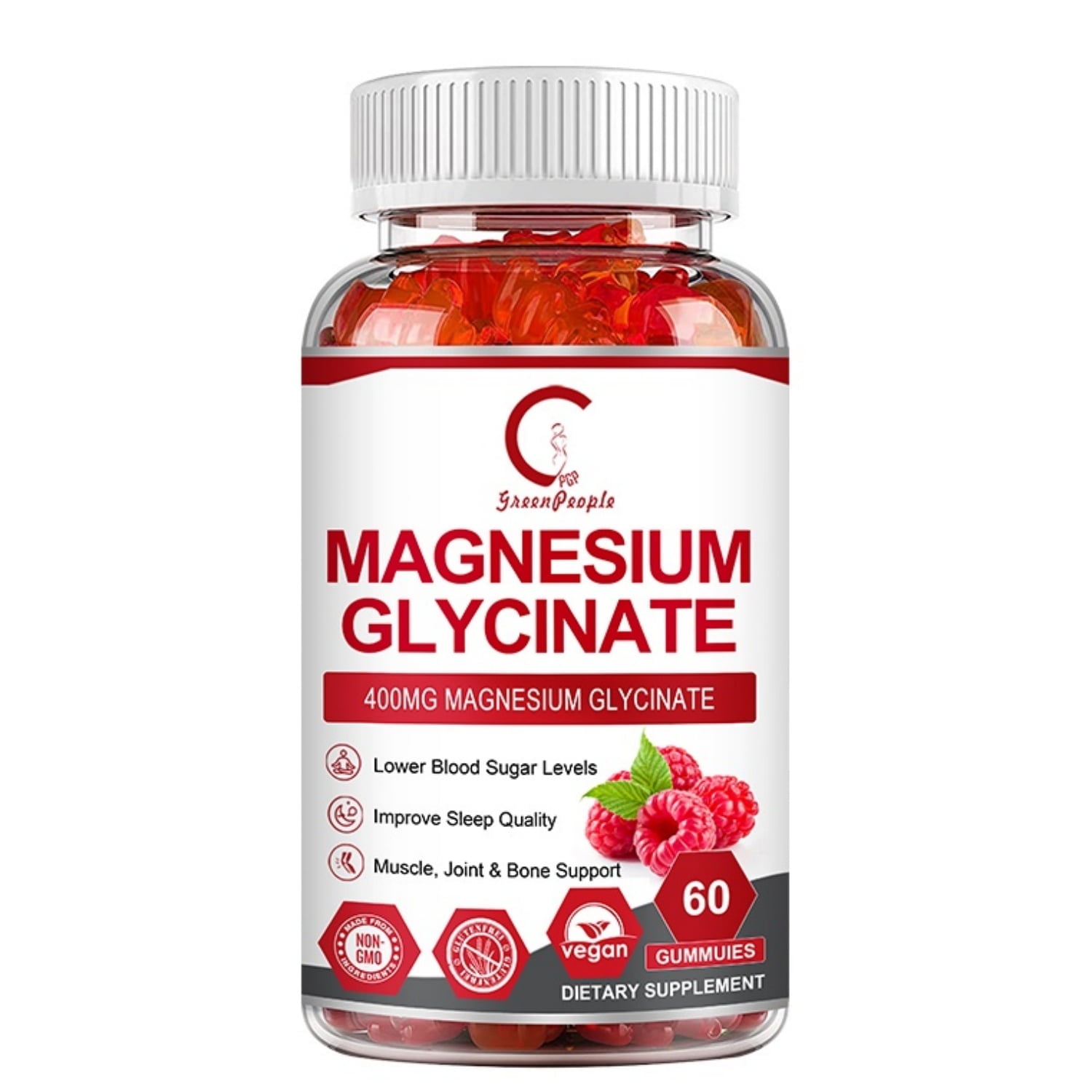 GPGP Magnesium Glycinate Gummies 400mg - Magnesium Potassium Supplement with Vitamin D, B6, CoQ10 for Relax, Sleep & Heart Health - 60 Raspberry Gummies