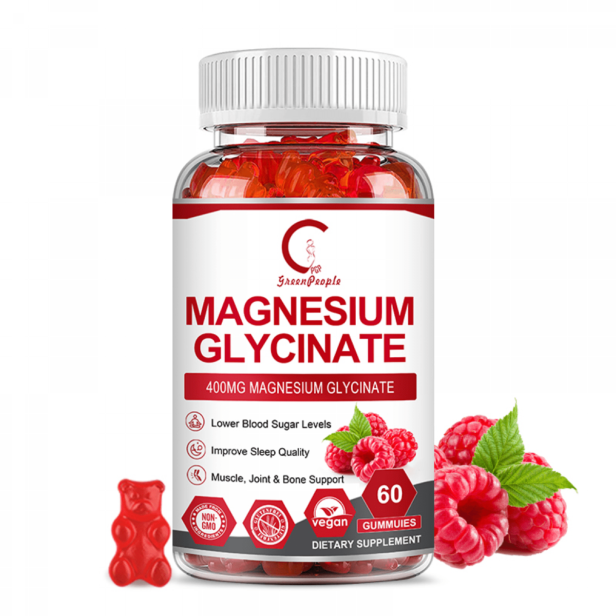 GPGP Magnesium Glycinate Gummies 400mg - Magnesium Potassium Supplement with Vitamin D, B6, CoQ10 for Relax, Sleep & Heart Health - 60 Raspberry Gummies