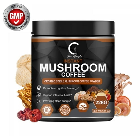 GPGP Mushroom Coffee,Mushroom Supplement, Lions Mane Mushroom Powder Instant Coffee with Lion's Mane,Reishi,Chaga,Cordyceps, and Turkey Tail for Focus, Energy,Digestion and Immunity,226 G/7.97 oz