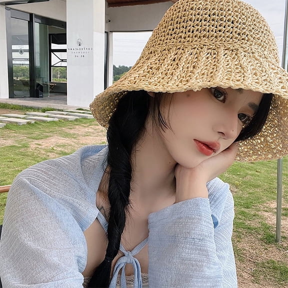 GPHOMRYYY Beach Vacation Woven Straw Hat Women's Summer Breathable Korean Edition Showy Face Small Fisherman Hat Sunshade And Sunscreen Hat Big Headband