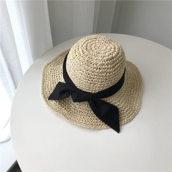 GPHOMRYYY Hand -Woven Bow Straw Hat Female Summer Korean Version Small Fresh Sun Fisherman Hat