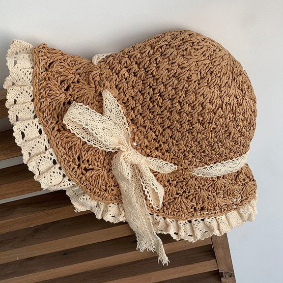 GPHOMRYYY Lace Side Handmade Straw Hat Seaside Beach Hat Female Summer Temperament Versatile Bow Bowl Sun Hat Sunscreen Sunshade