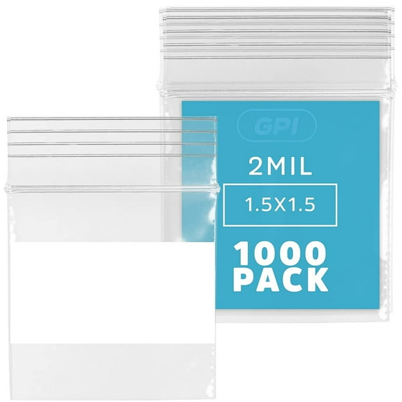 GPI 1.5” x 1.5” Heavy Duty Ziplock Bag 2 Mil Clear Resealable Bags with Write-On Block for Labels,1000-Pack