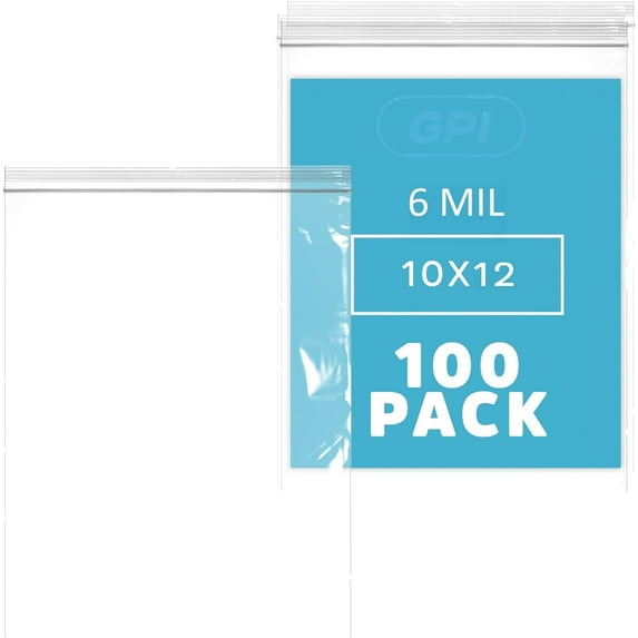 GPI 10” x 12” Extra Heavy Ziplock Bag 6 Mil Thick Plastic Resealable Bags with Zipper Seal,100-Pack