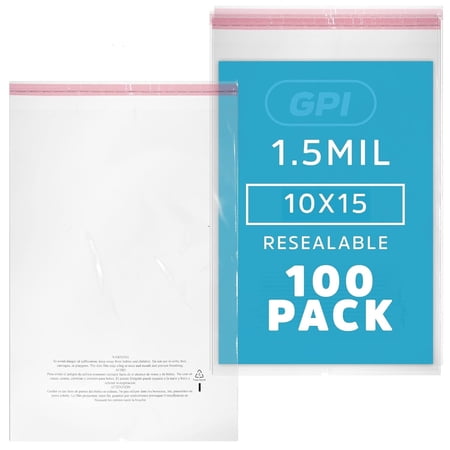 GPI 10” x 15” Clear Plastic Bags Self-Seal Polybags with Adhesive Strip & Suffocation Warning, 100-Pack