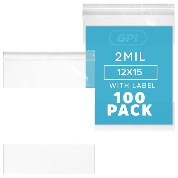 GPI 12” x 15” Heavy Duty Ziplock Bag 2 Mil Clear Resealable Bags with Write-On Block for Labels,100-Pack
