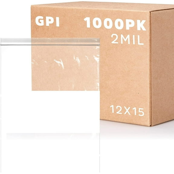 GPI 12” x 15” Heavy Duty Ziplock Bag 2 Mil Clear Resealable Bags with Write-On Block for Labels,1000-Pack