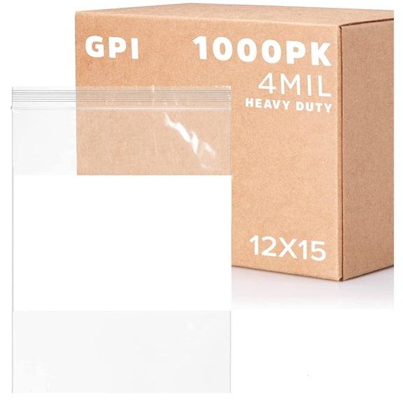 GPI 12” x 15” Heavy Duty Ziplock Bag 4 Mil Clear Resealable Bags with Write-On Block for Labels,1000-Pack