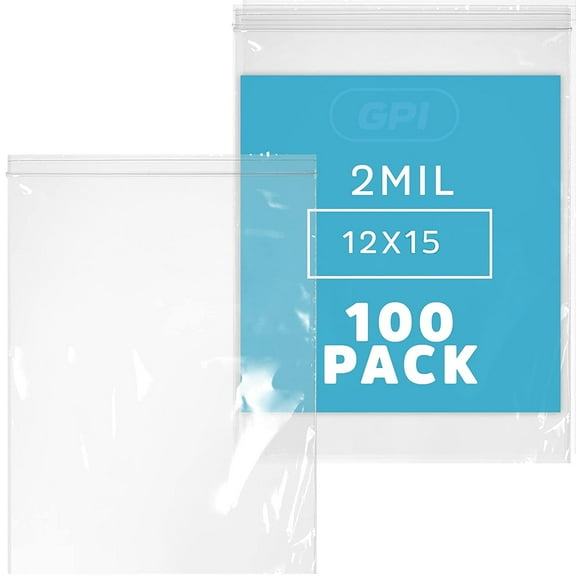 GPI 12” x 15” Reclosable Ziplock Bag 2 Mil Jumbo Clear Zipper Bags for Household & Packaging,100-Pack