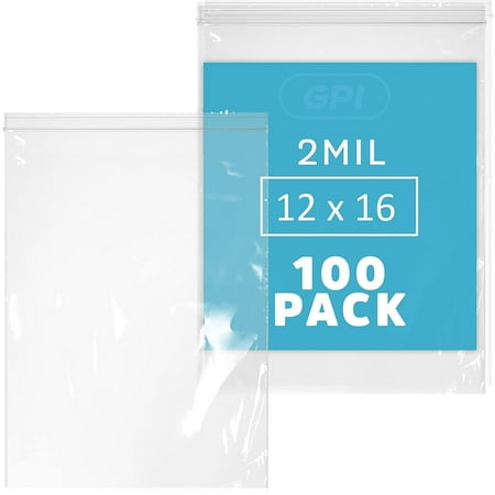 GPI 12” x 16” Reclosable Ziplock Bag 2 Mil Jumbo Clear Zipper Bags for Household & Packaging,100-Pack