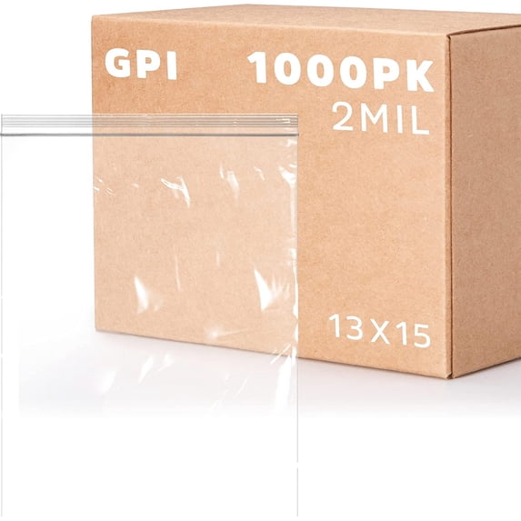 GPI 13” x 15” Reclosable Ziplock Bag 2 Mil Jumbo Clear Zipper Bags for Household & Packaging,1000-Pack