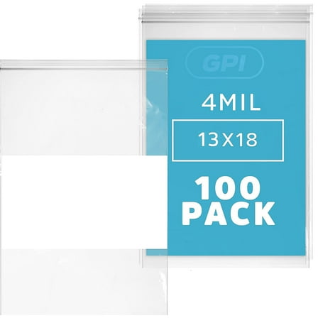 GPI 13” x 18” Heavy Duty Ziplock Bag 4 Mil Clear Resealable Bags with Write-On Block for Labels,100-Pack