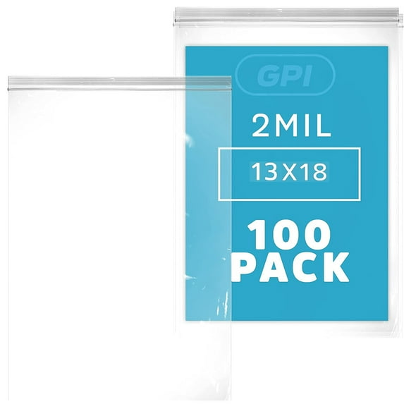GPI 13” x 18” Reclosable Ziplock Bag 2 Mil Jumbo Clear Zipper Bags for Household & Packaging,100-Pack
