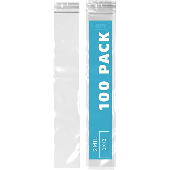 GPI 2” x 12” Reclosable Ziplock Bag 2 Mil Clear Zipper Bags, 100-Pack