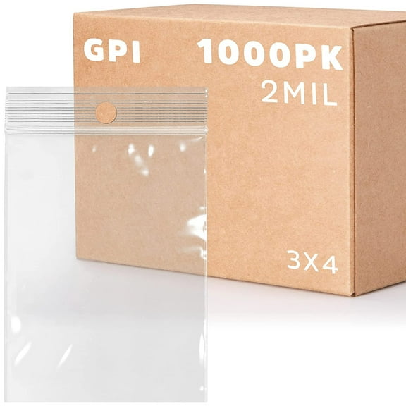 GPI 3” x 4" Heavy Duty Ziplock Bag 2 Mil Clear Resealable Bags with Hang Hole for Display, 1000-Pack