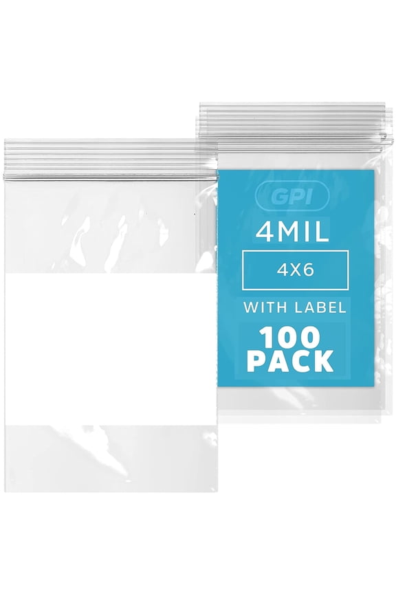 4” x 6” Heavy Duty Ziplock Bag 4 Mil Clear Resealable Bags with Write-On Block for Labels,100-Pack