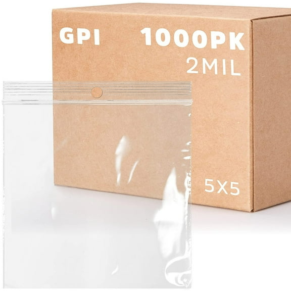 GPI 5” x 5" Heavy Duty Ziplock Bag 2 Mil Clear Resealable Bags with Hang Hole for Display, 1000-Pack