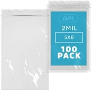 GPI 5  x 8  Reclosable Ziplock Bag 2 Mil Clear Zipper Bags, 100-Pack