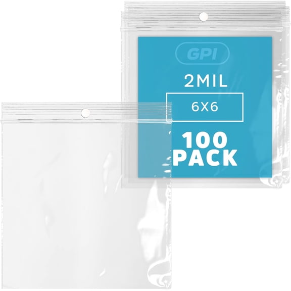 GPI 6" x 6" 100 Pack, 2 Mil thick, Clear Plastic Reclosable Zip Bags, Hang Hole For Display, Durable Poly Baggies with Resealable Zip Top Lock for Storage, Packaging & Shipping